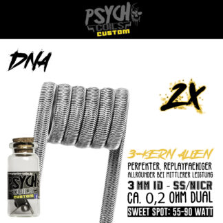 Kaufen Sie handgemachte Replay Alien Coils mit dem Namen Psycho-Coils - DNA - für Akkuträger mit einem DNA-Chipsatz bei Psycho-Coils