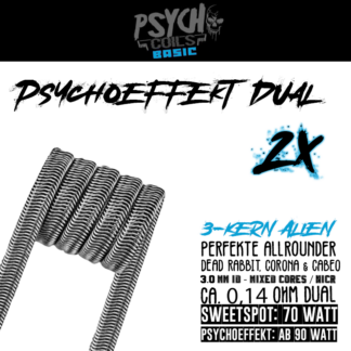 Handmade Coils – Psychoeffekt 3-Kern Aliens, 0,14 Ohm, volle Geschmacksentfaltung ab 70 Watt, Bi-Turbo Knattern ab 90 Watt.